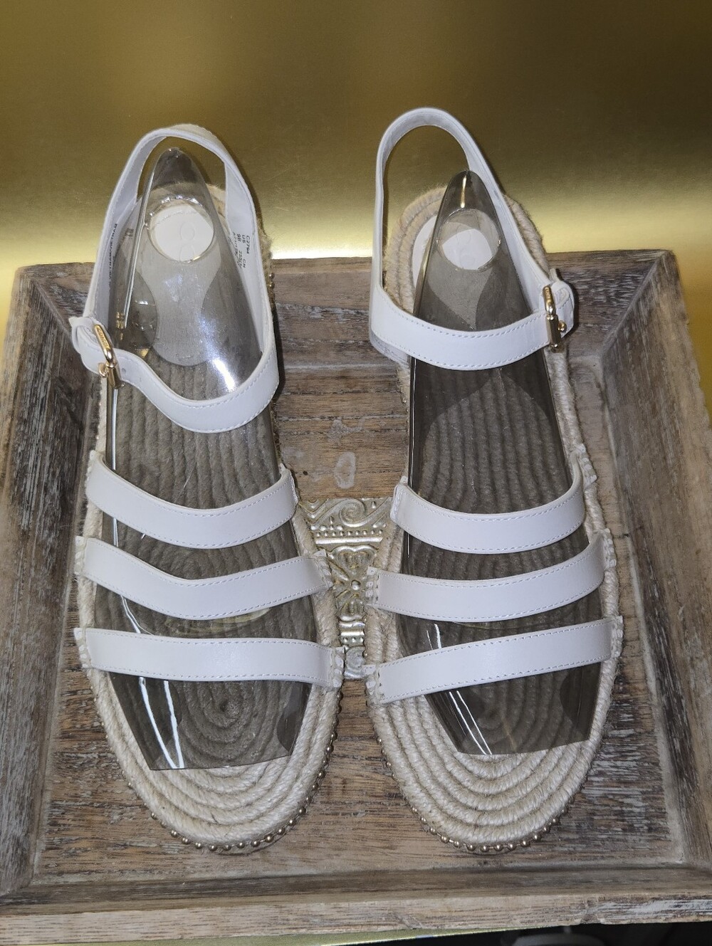 Coach White Leather Espadrille Sandals Gold Bead Trim Ankle Strap C2794 NWOT 9B